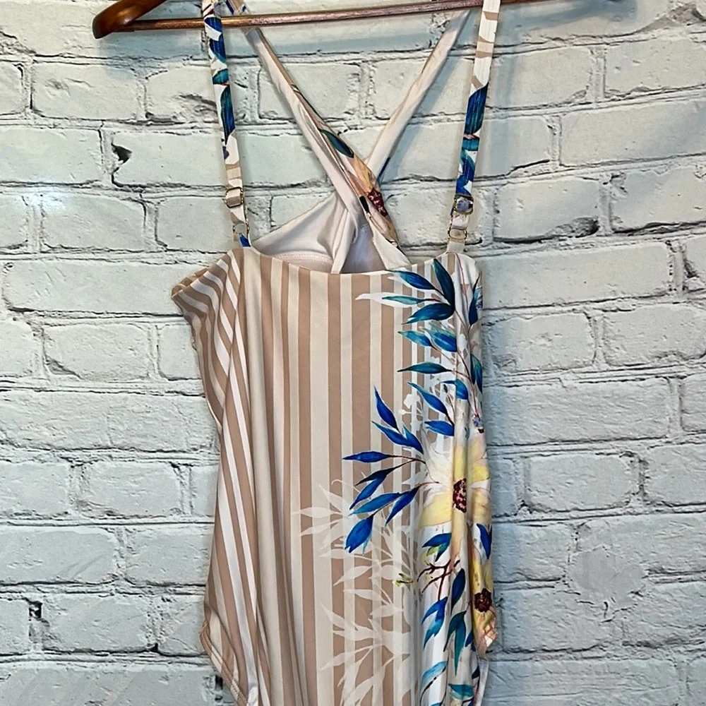 Athena Tan White Striped Floral Halter Swimsuit Size 6 Excellent Condition